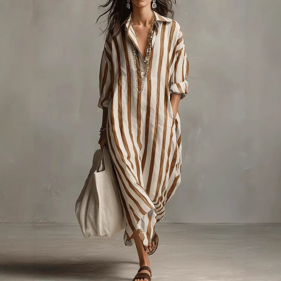 Striped V-Neck Long Dress