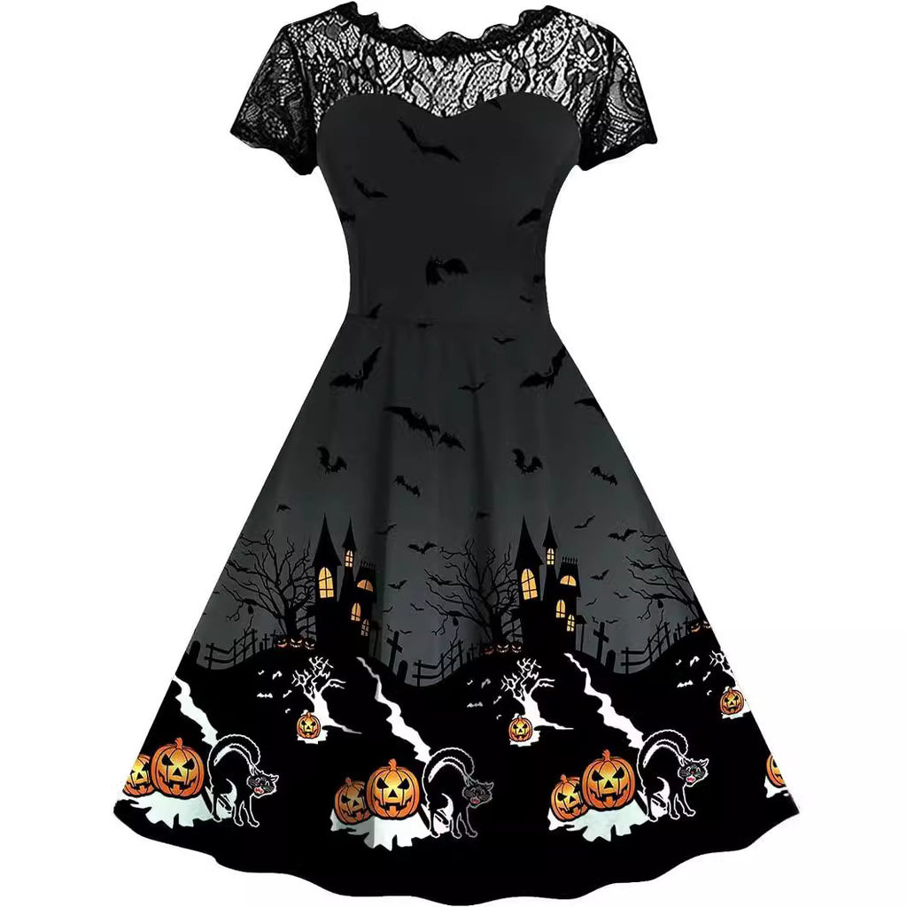 Halloween-Print Lace-Yoke Dress