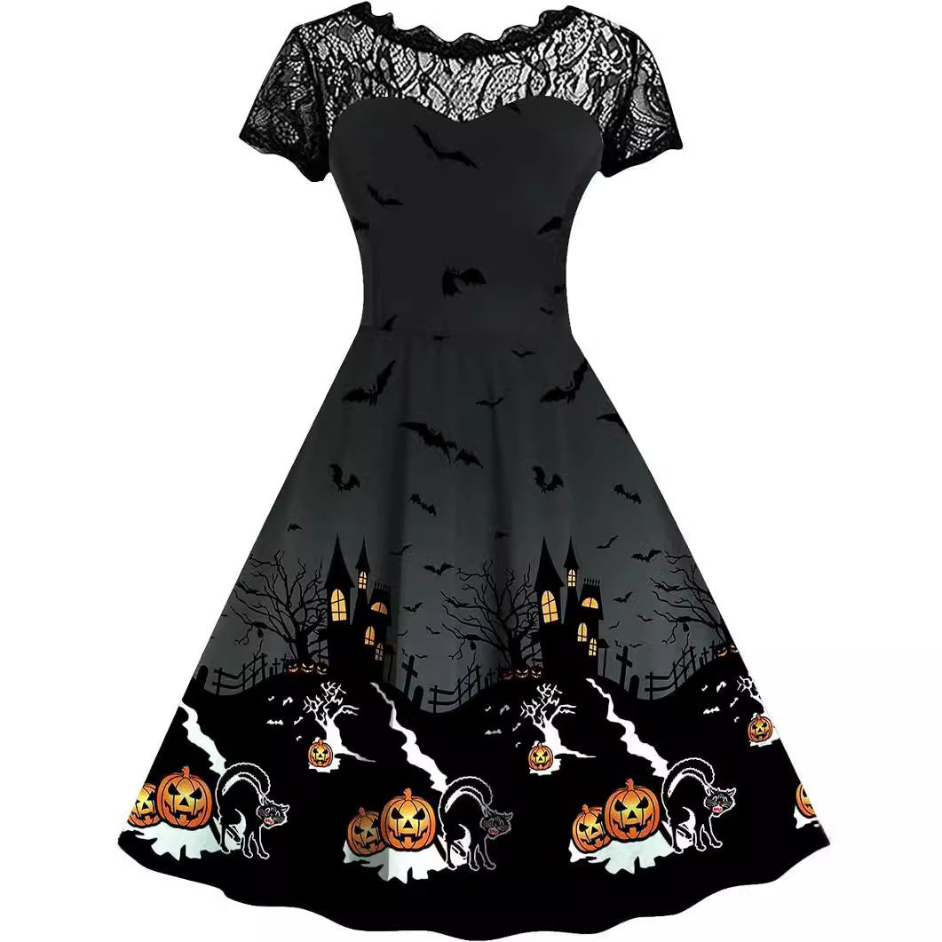 Halloween-Print Lace-Yoke Dress