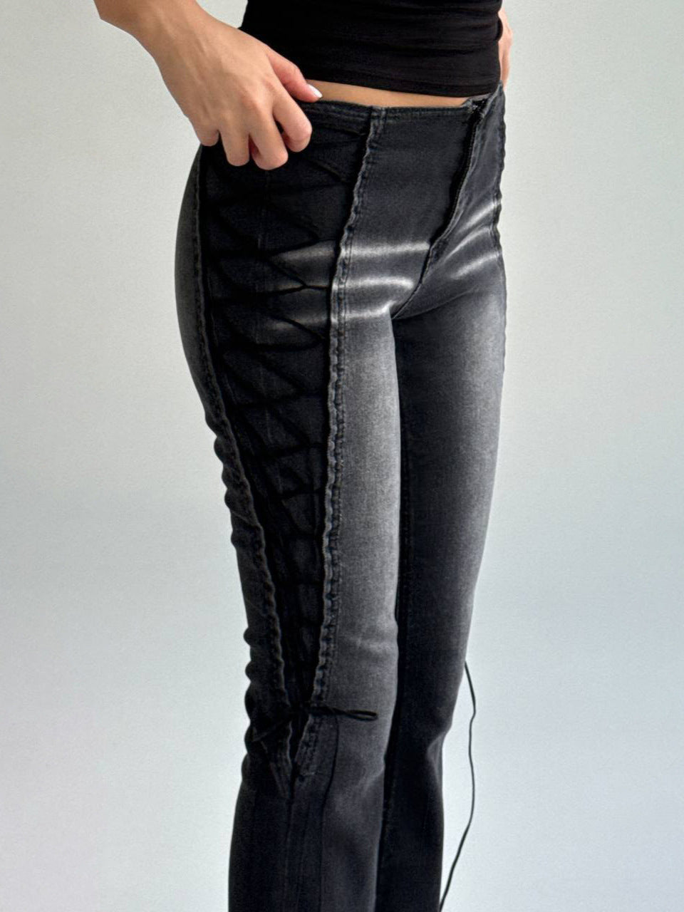 Distressed Lace-Up Flared Jeans