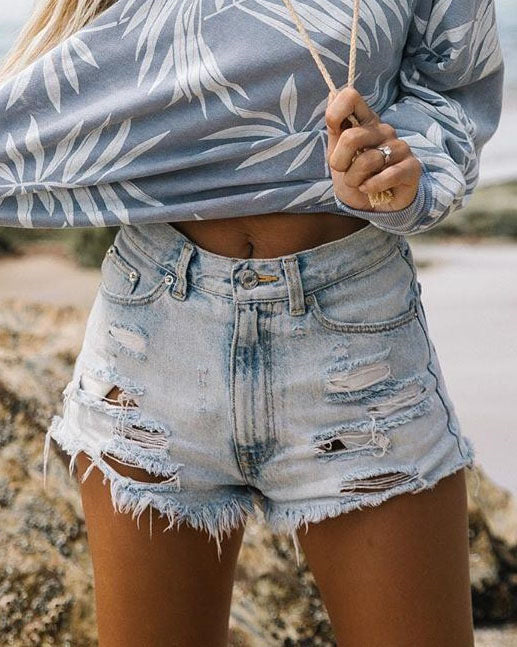 High-Waisted Frayed Denim Shorts
