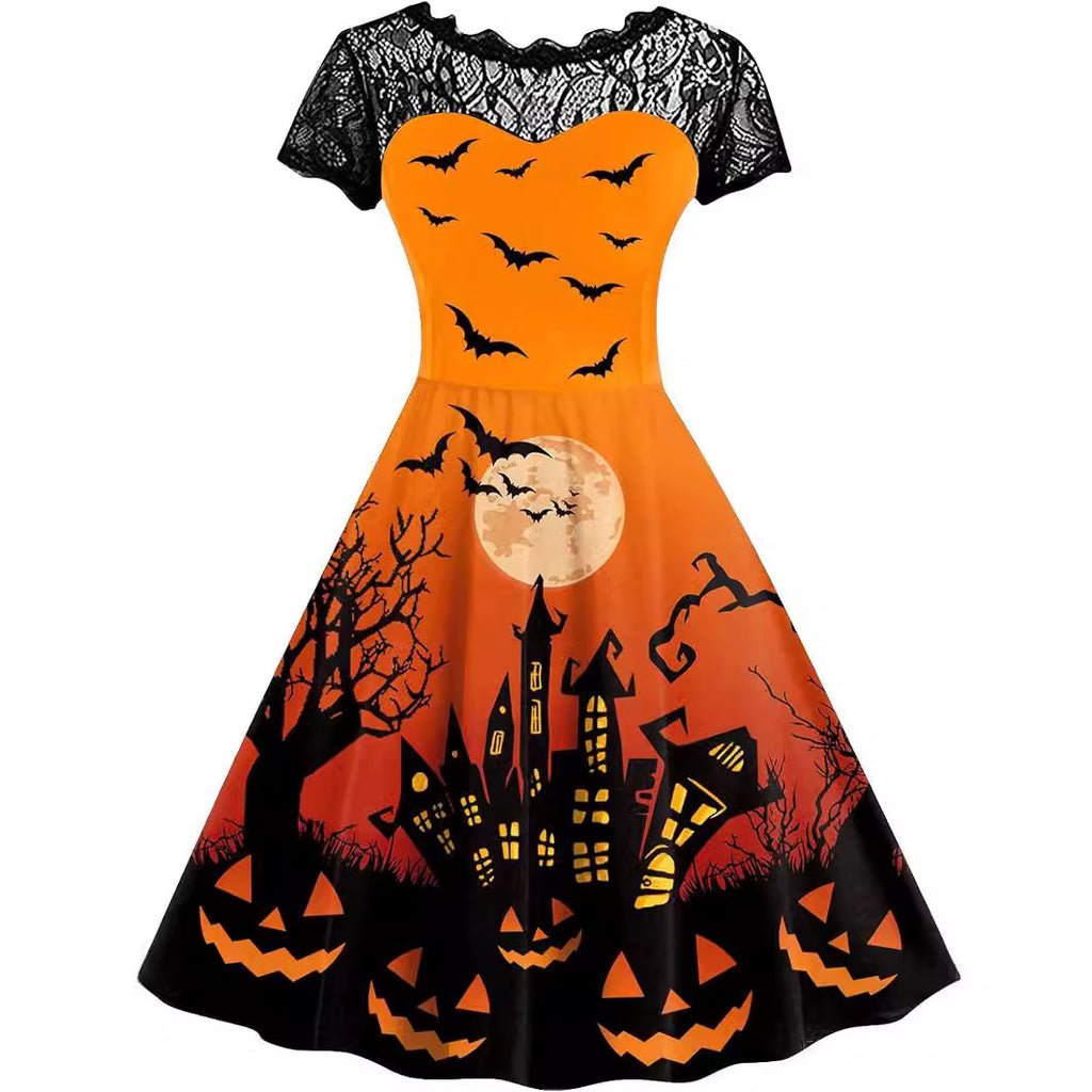 Halloween-Print Lace-Yoke Dress