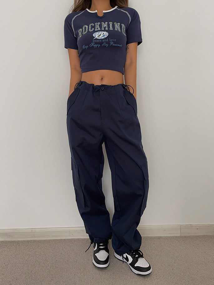 Wide-Leg Drawstring Cargo Pants