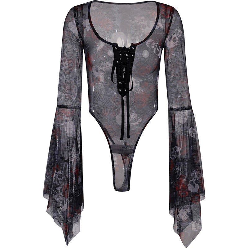Sheer Bell-Sleeve Lace-Up Bodysuit