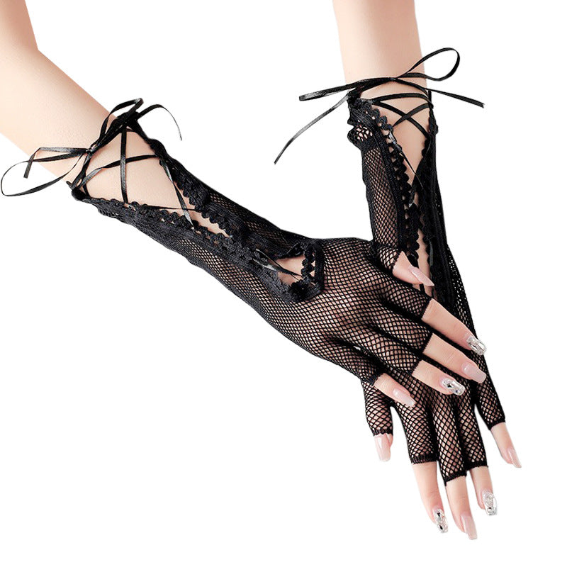 Lace-Up Fingerless Mesh Gloves