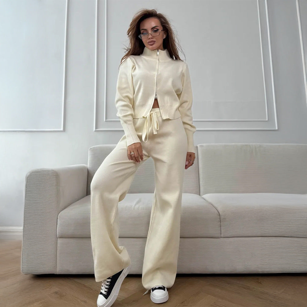 Zip-Front Knit Top & Pants Set