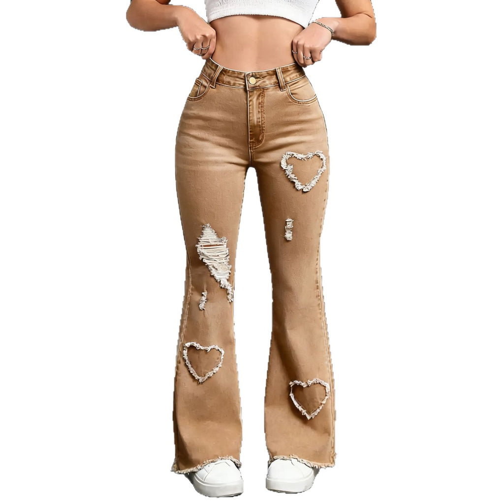 Heart-Distressed Flared Jeans