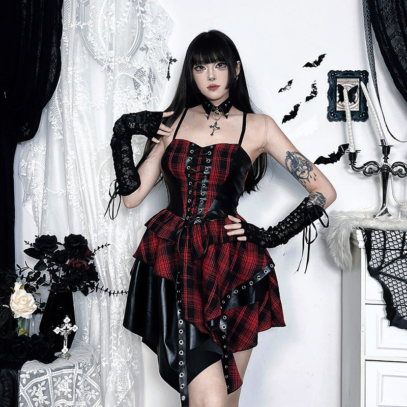 Plaid Lace-Up Asymmetric Mini Dress