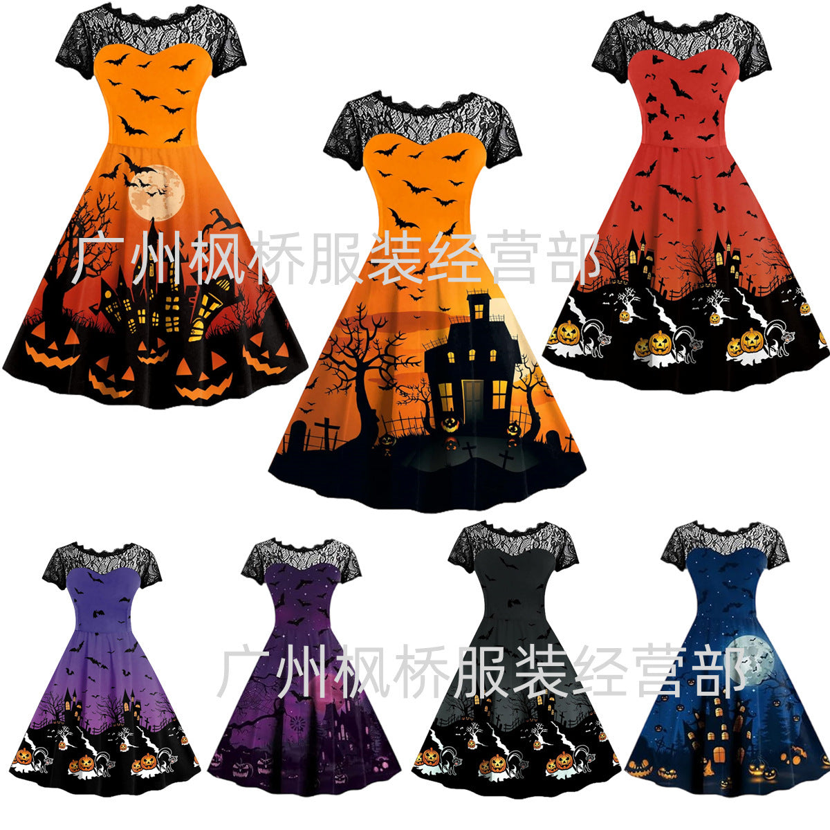 Halloween-Print Lace-Yoke Dress