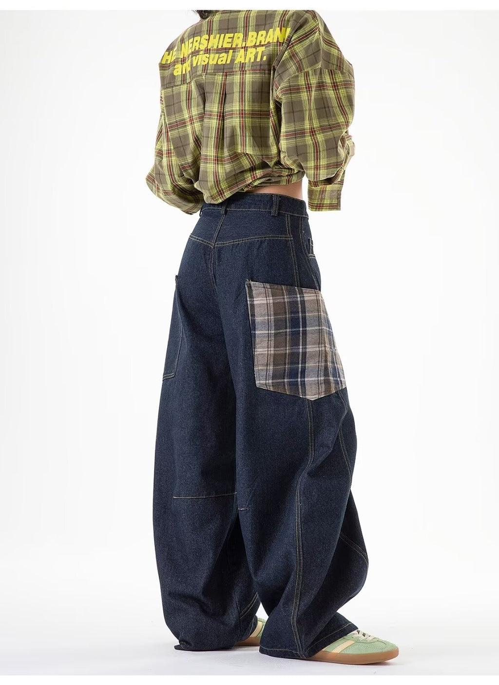 Plaid-Patchwork Straight Jeans