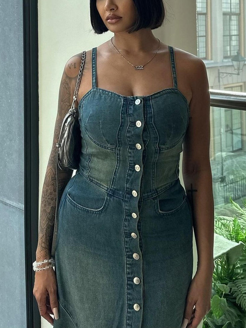 Button-Front Denim Maxi Dress