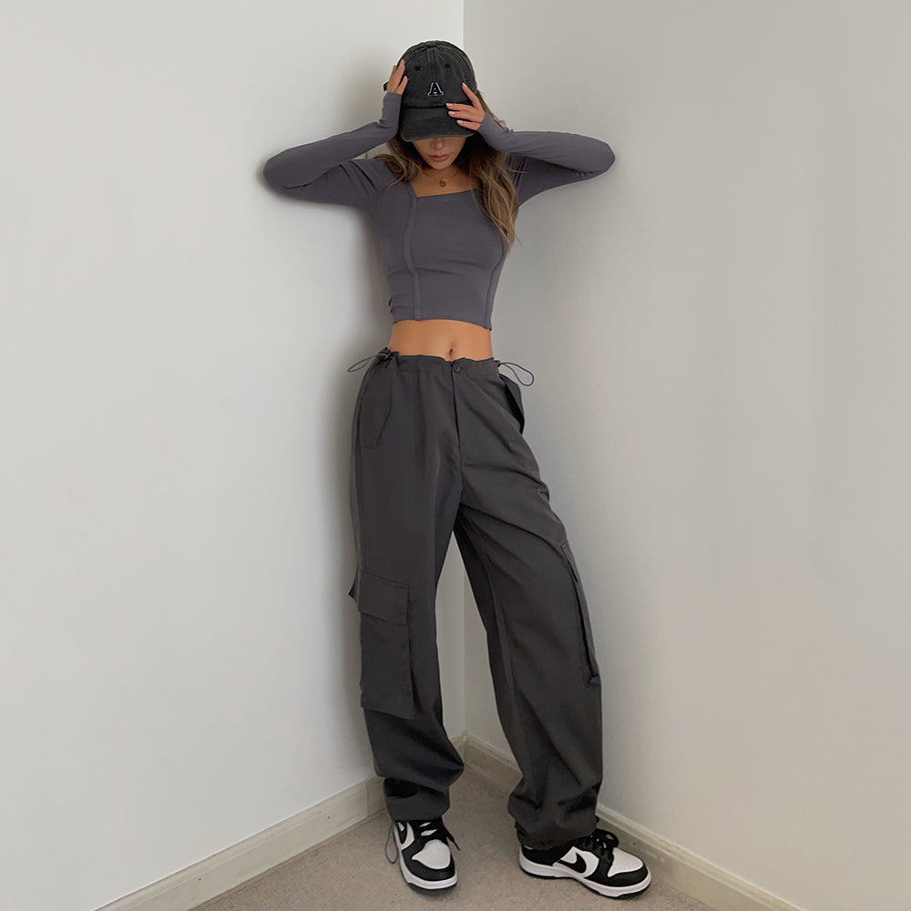 Wide-Leg Drawstring Cargo Pants
