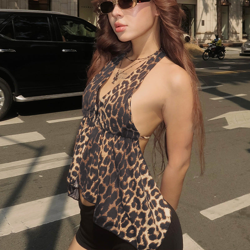 Leopard-Print Tie-Front Halter Top