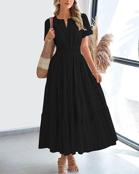 V-Neck Puff-Sleeve Tiered Dress