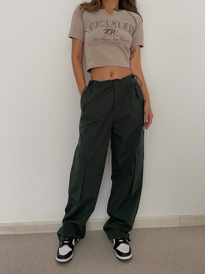 Wide-Leg Drawstring Cargo Pants