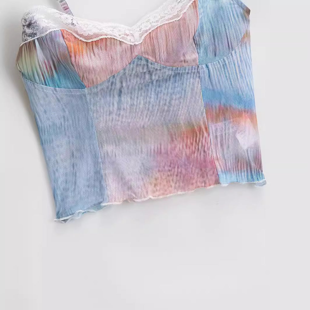 Gradient Mesh Lace-Trim Crop Top