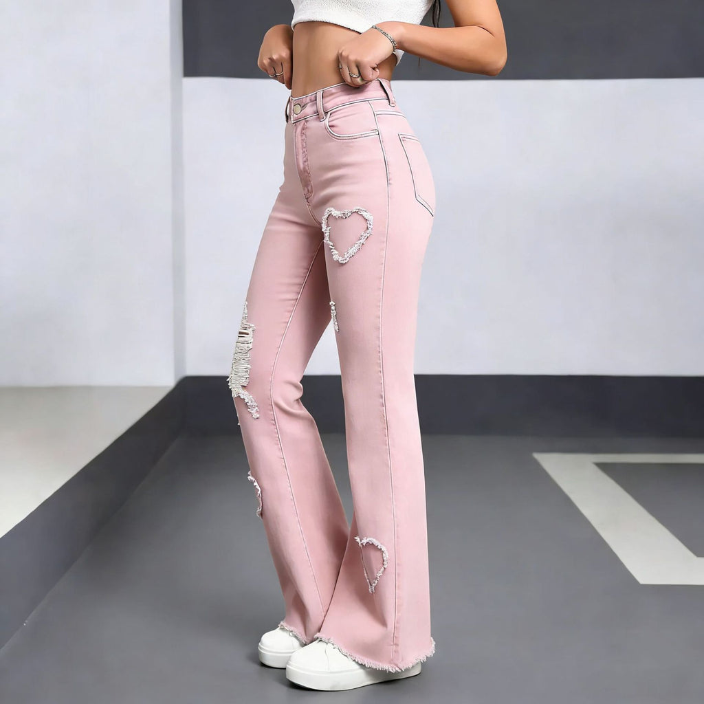 Heart-Distressed Flared Jeans