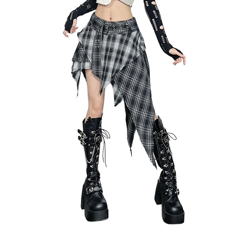 Asymmetric Plaid Midi Skirt