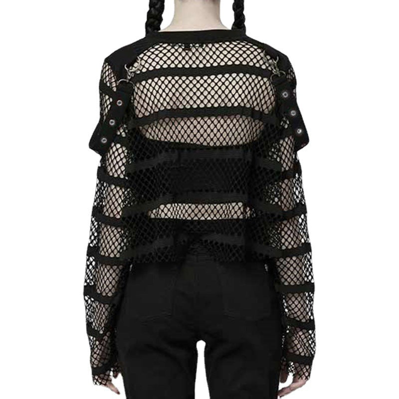 Striped Mesh Long-Sleeve Crop Top
