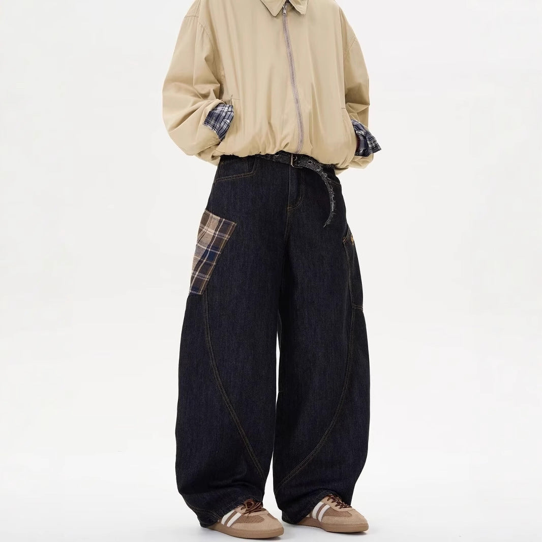 Plaid-Panel Wide-Leg Jeans