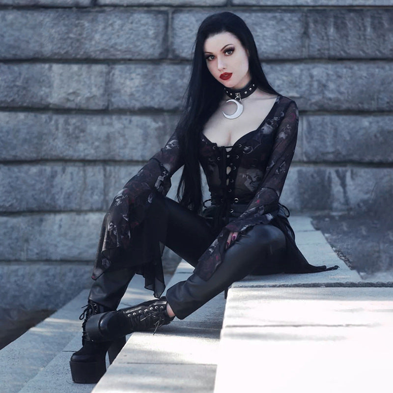 Sheer Bell-Sleeve Lace-Up Bodysuit