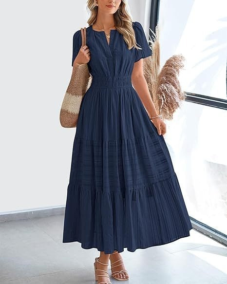 V-Neck Puff-Sleeve Tiered Dress