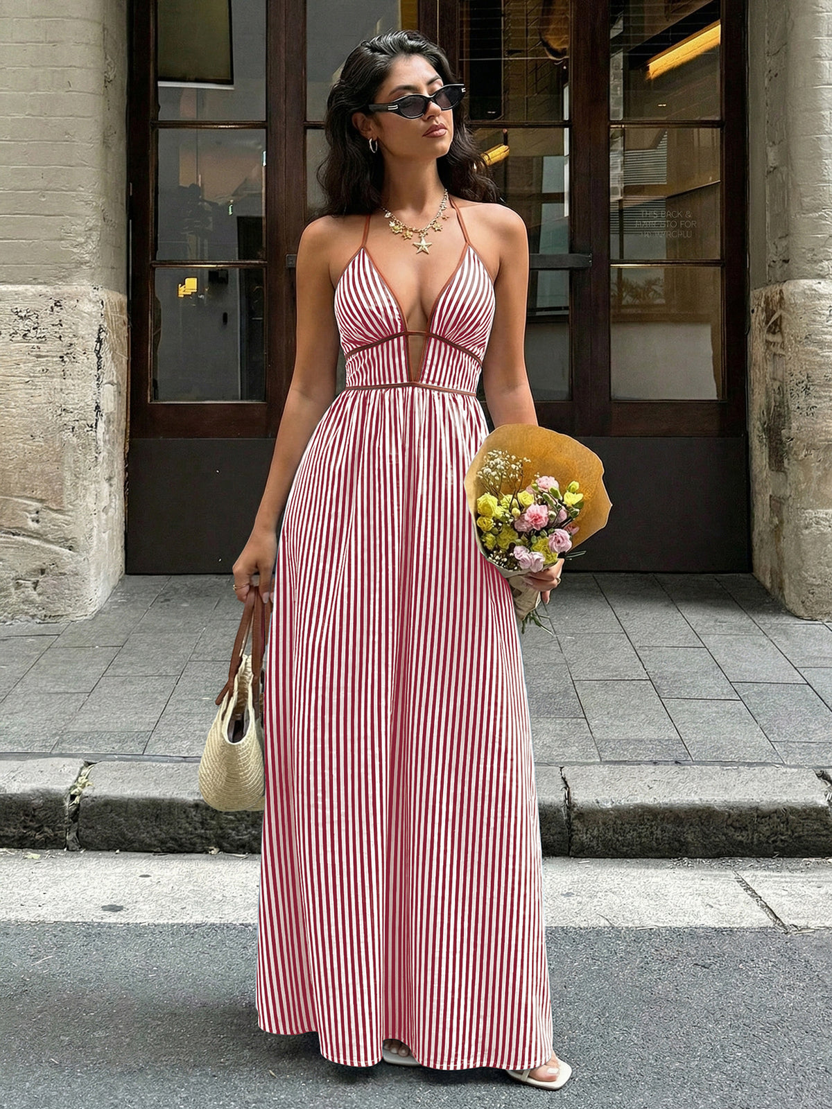 Striped Deep V-Neck Maxi Dress