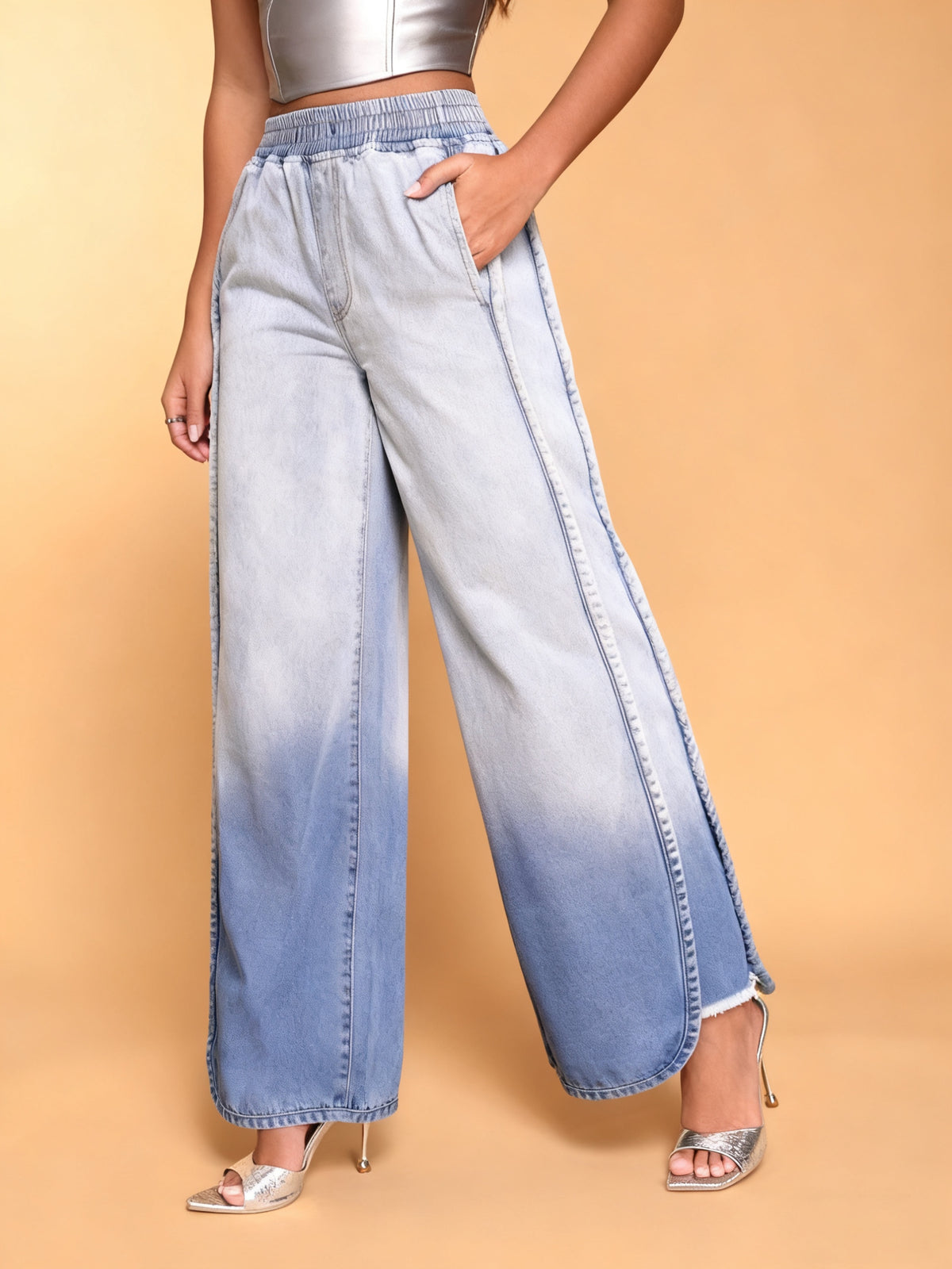 Ombre Elastic-Waist Wide-Leg Jeans