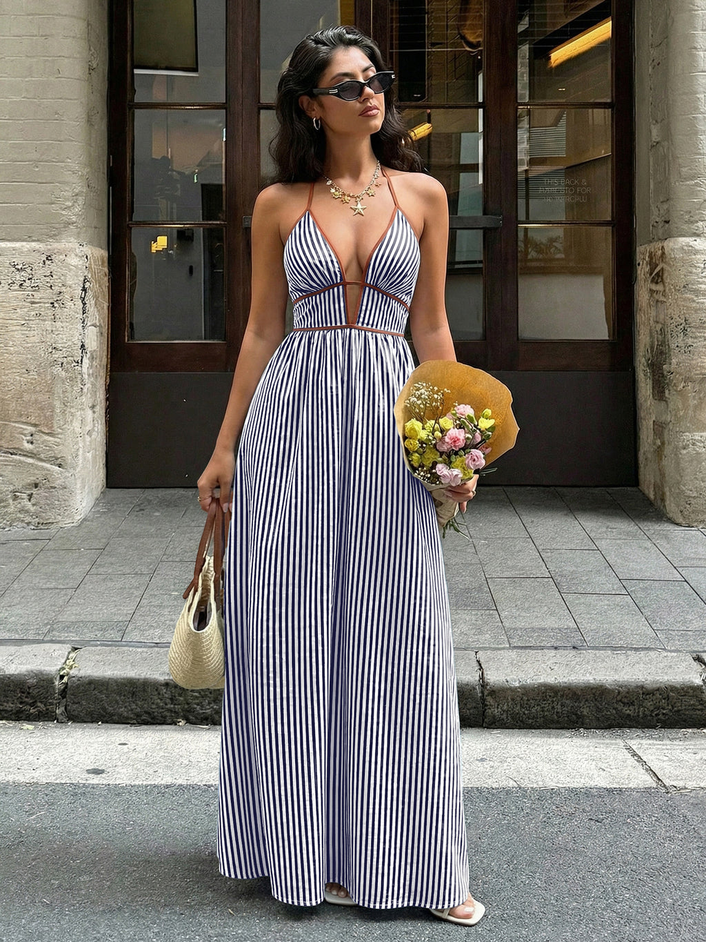 Striped Deep V-Neck Maxi Dress