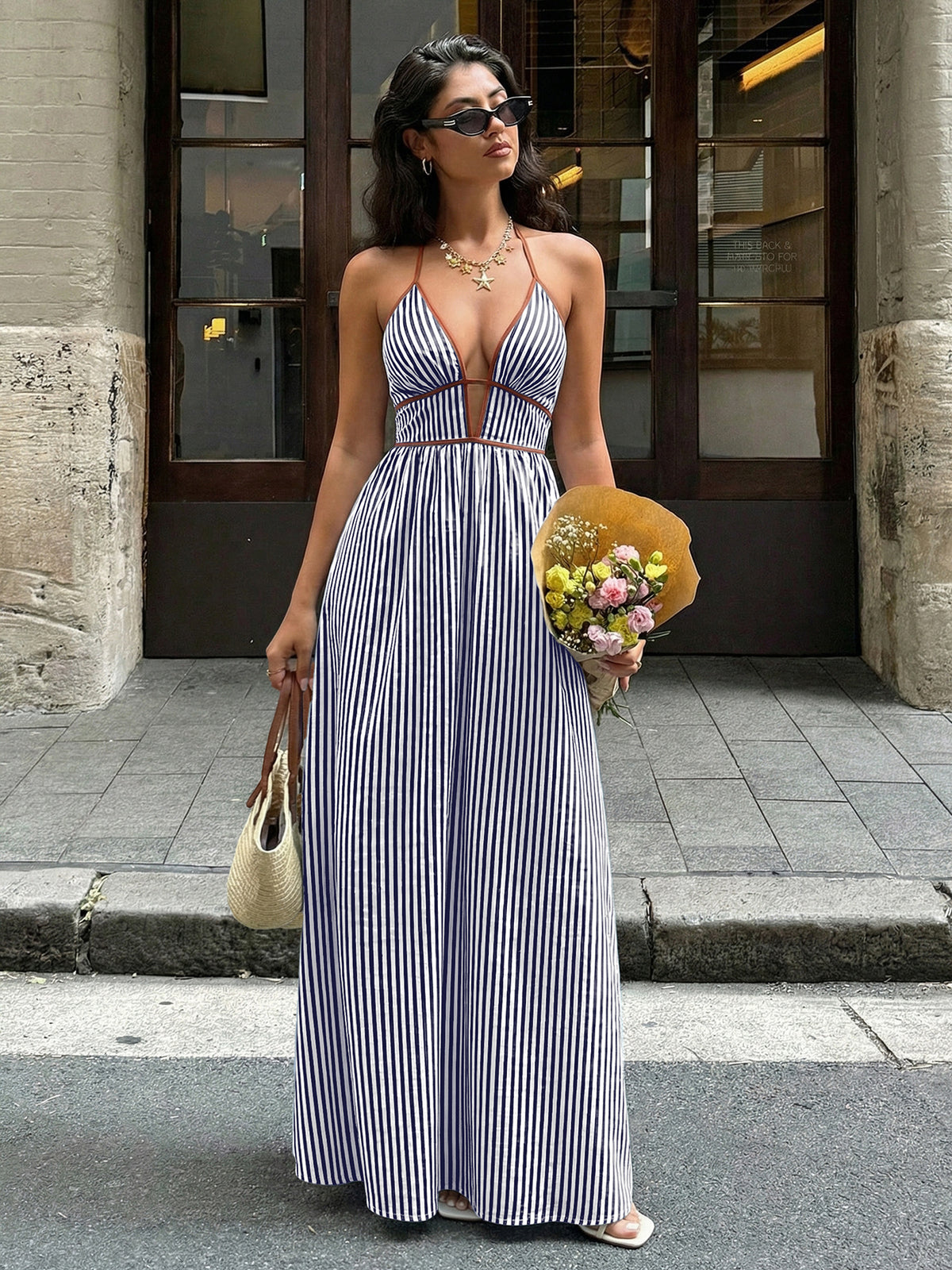 Striped Deep V-Neck Maxi Dress