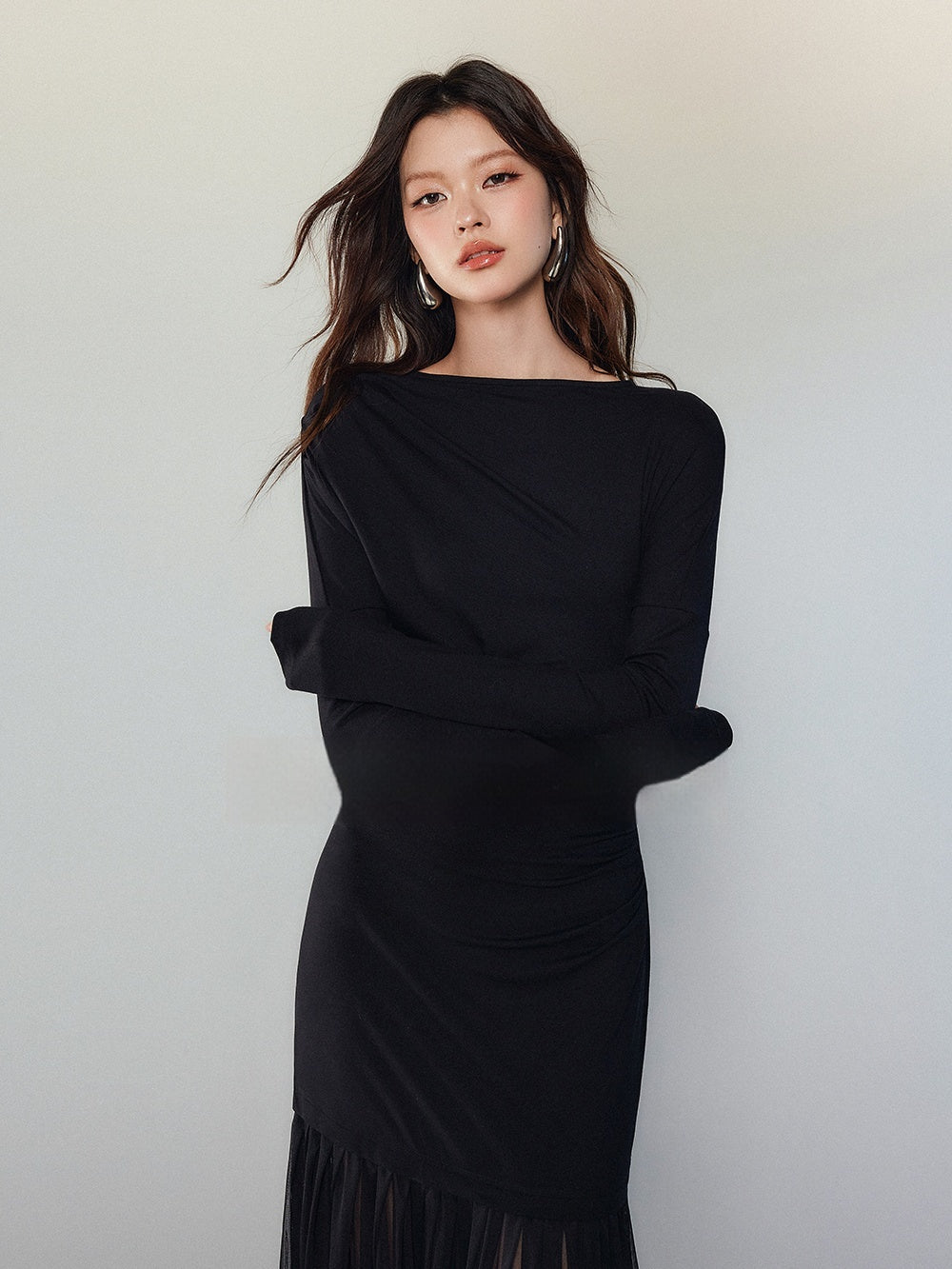 Long-Sleeve Mesh-Hem Maxi Dress