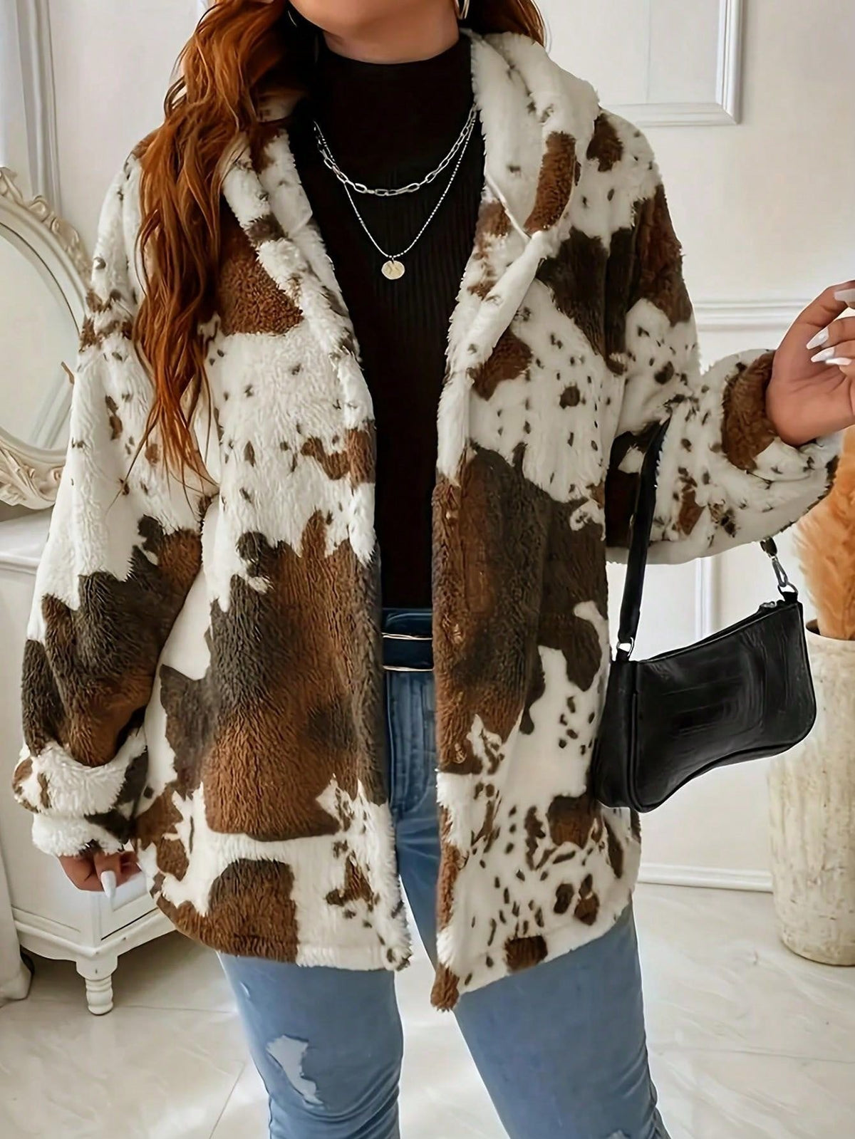 Cow-Print Plush Button Jacket