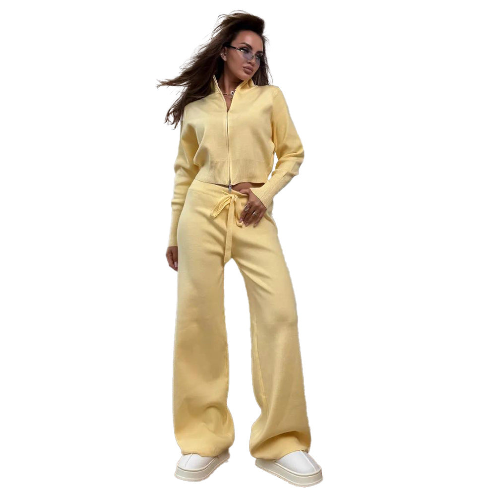 Zip-Front Knit Top & Pants Set