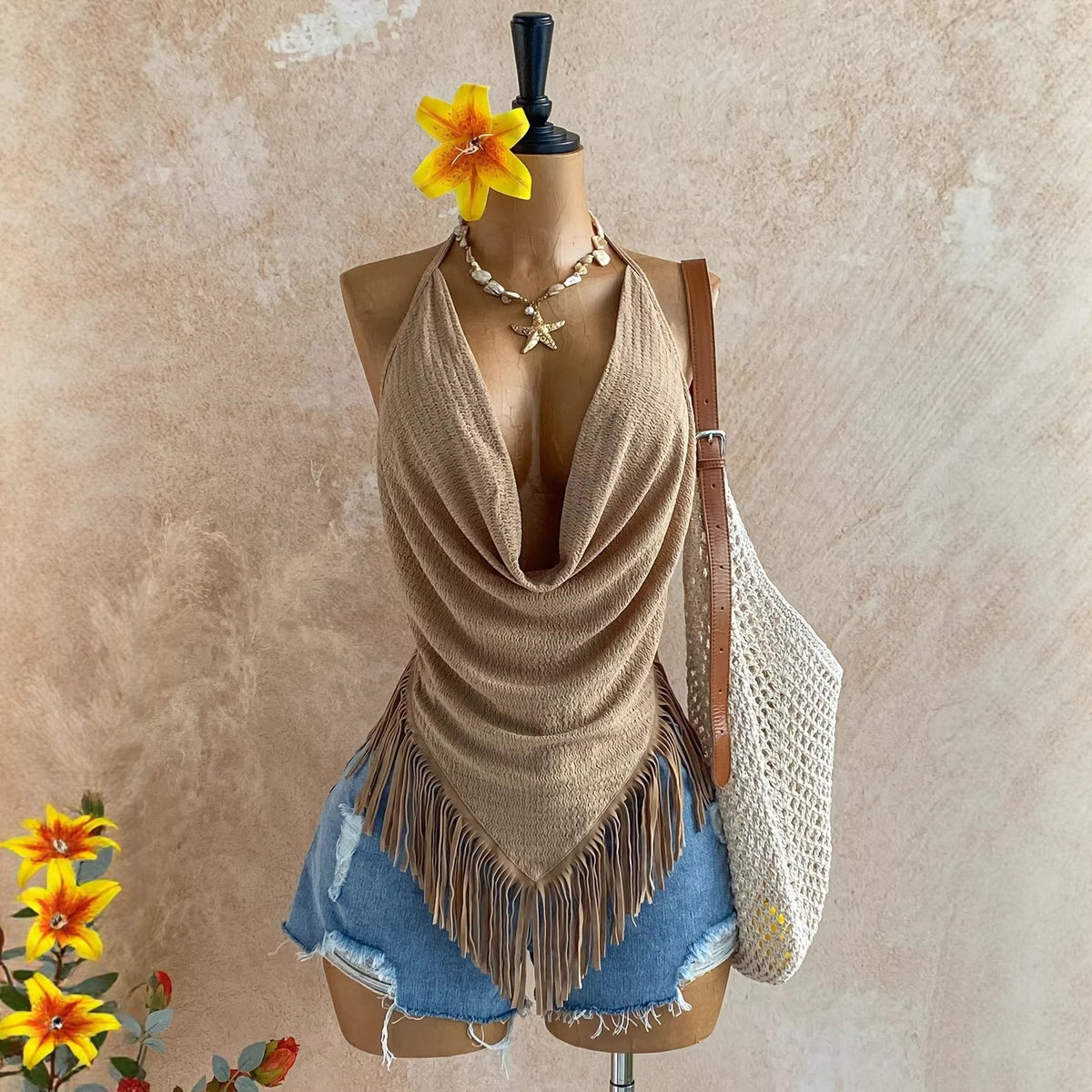 Fringed Cowl-Neck Halter Top