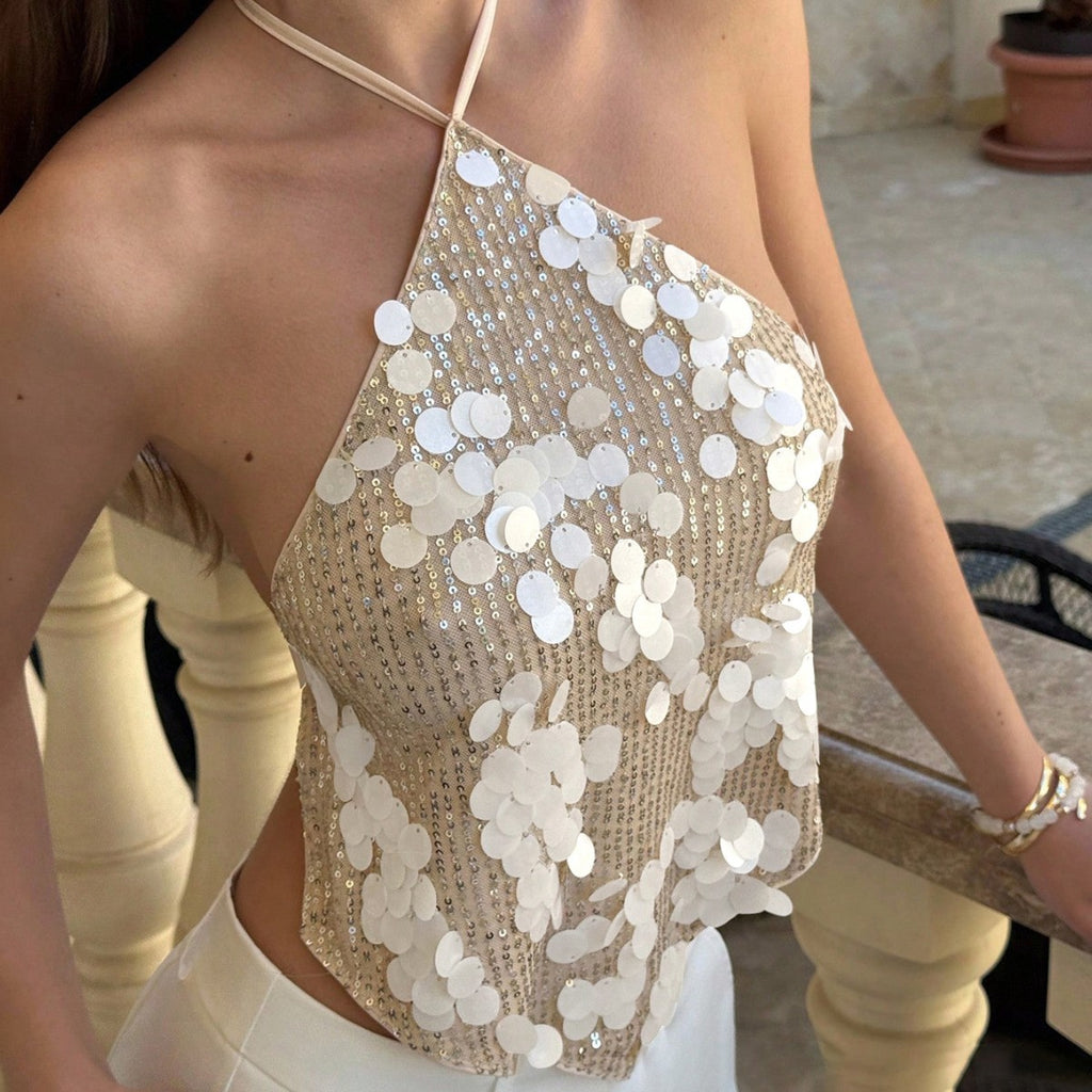 Sequin Deep-V Halter Top