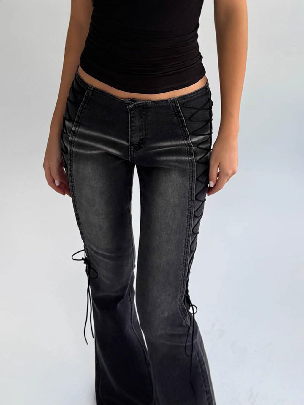 Distressed Lace-Up Flared Jeans