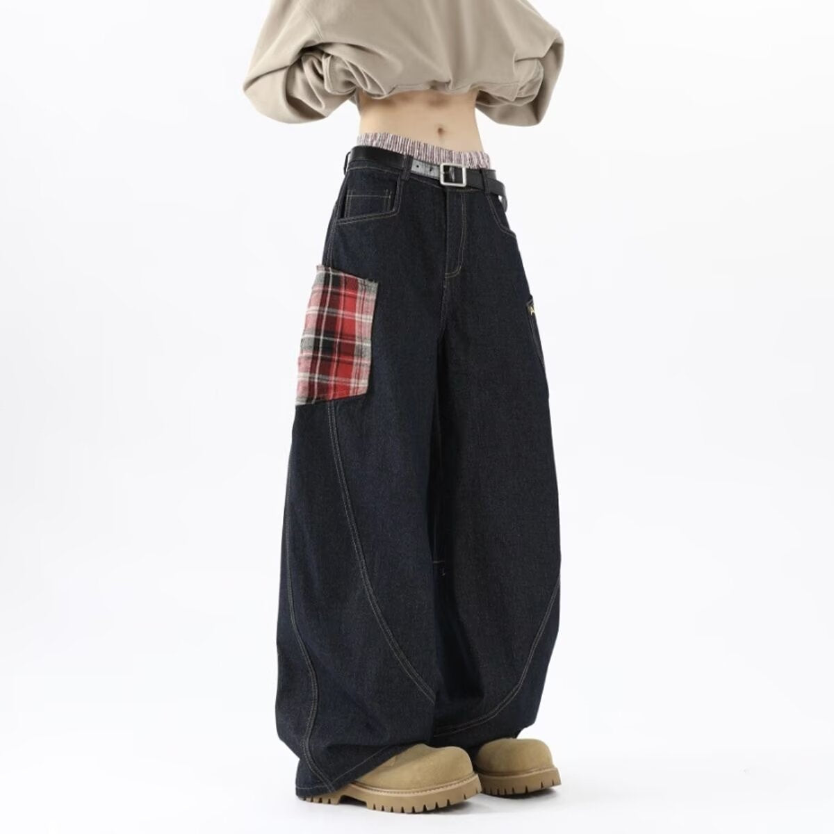 Plaid-Panel Wide-Leg Jeans
