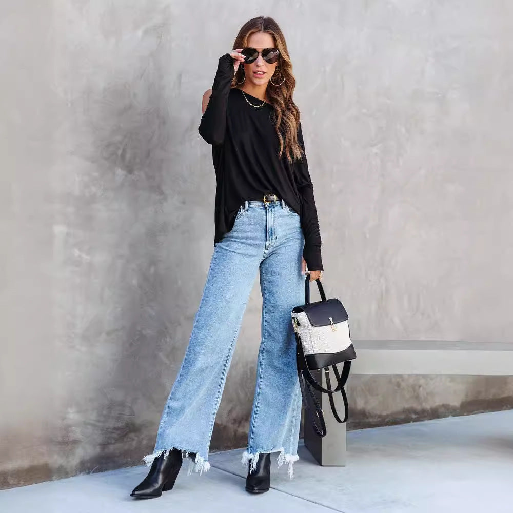 Frayed-Hem Wide-Leg Jeans