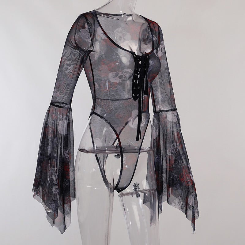 Sheer Bell-Sleeve Lace-Up Bodysuit