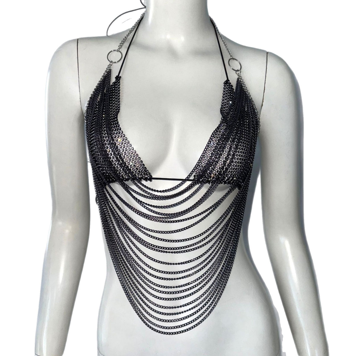 Rhinestone Halter Top with Decorative Chain