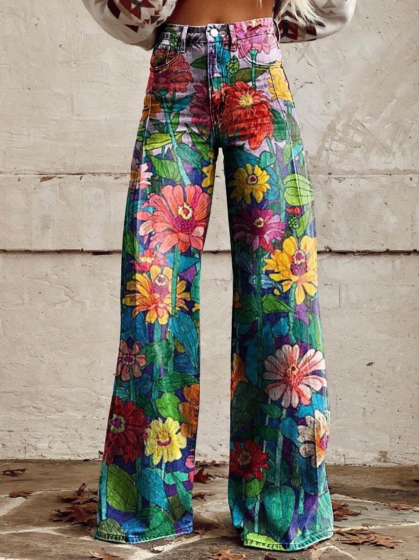 Printed Denim-Look Wide-Leg Pants