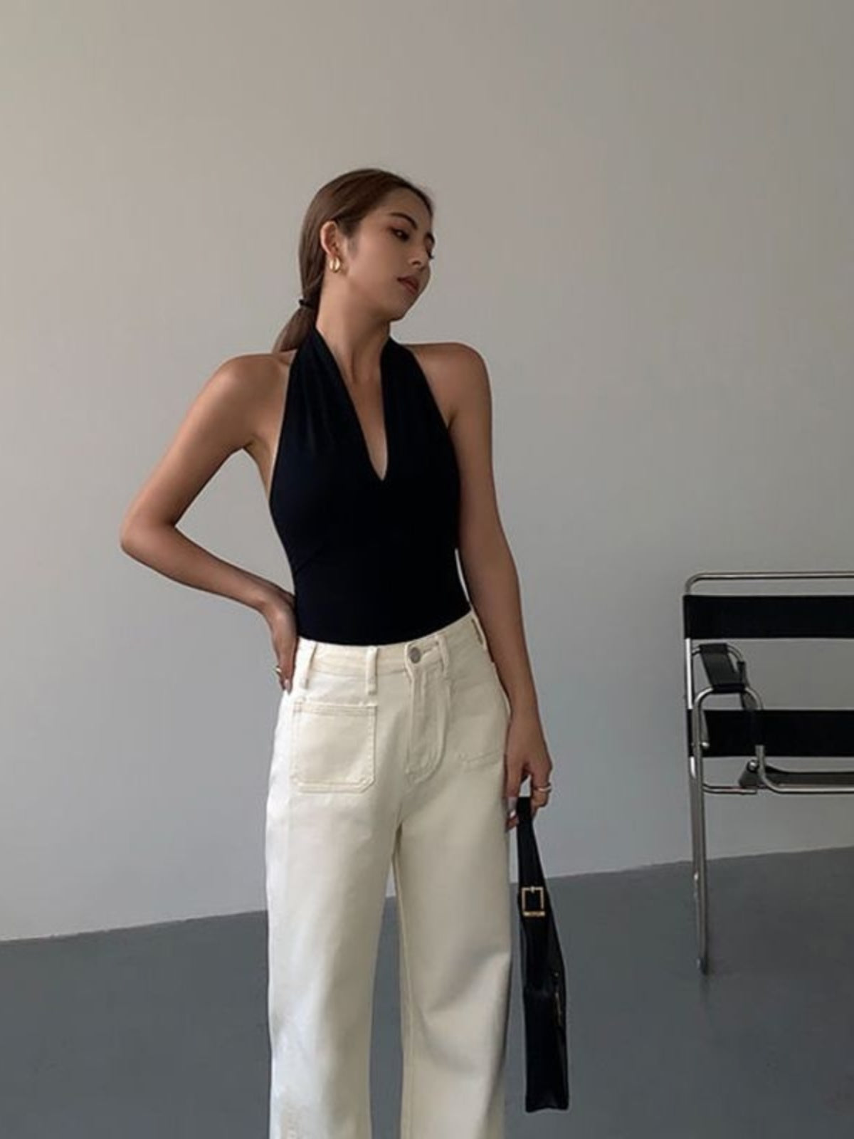 Black V-Neck Halter Top