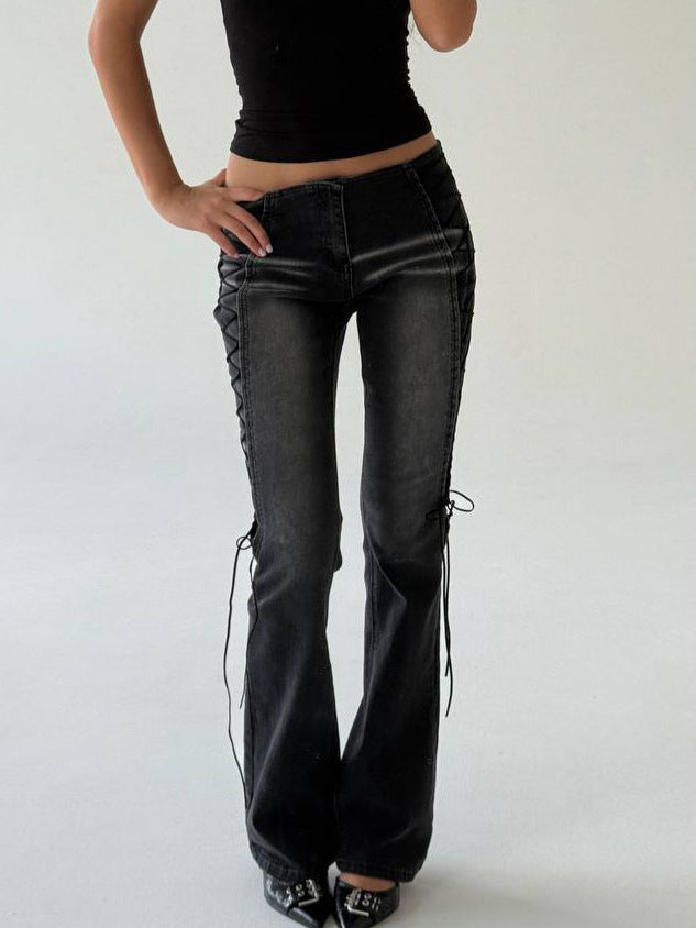 Distressed Lace-Up Flared Jeans