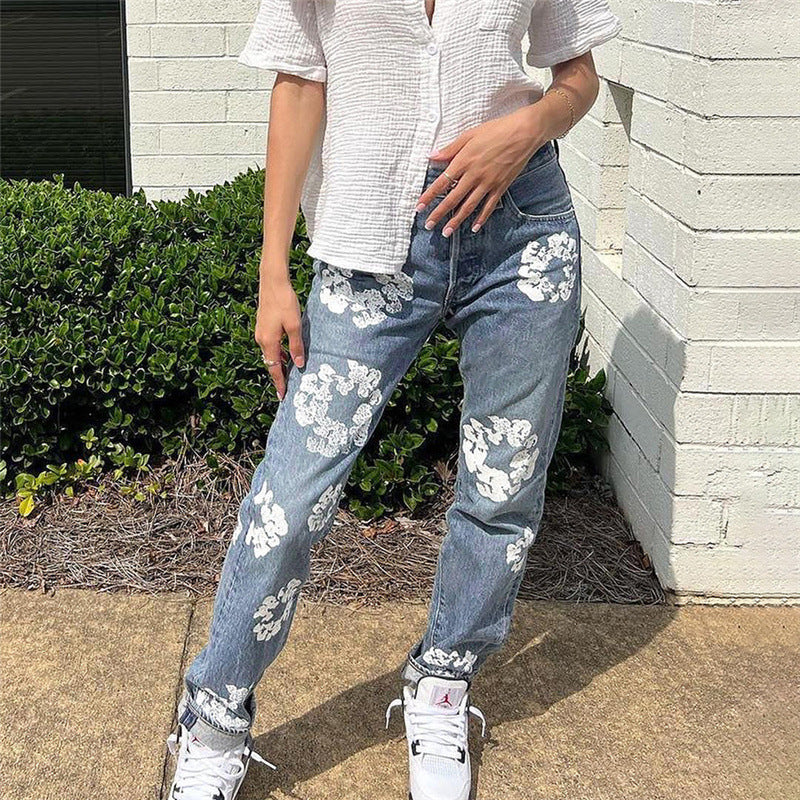 Floral-Print Straight-Leg Jeans