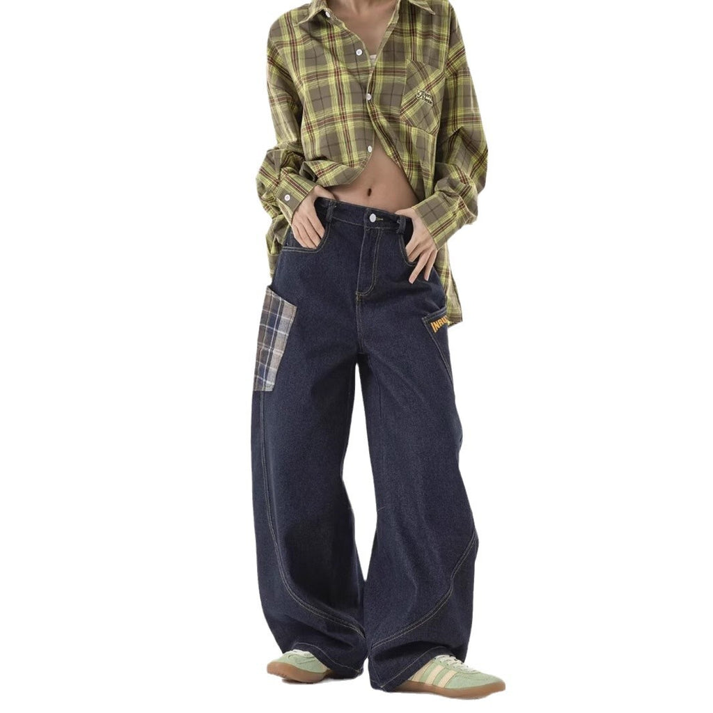 Plaid-Patchwork Straight Jeans