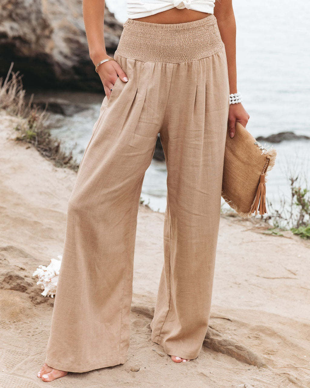 Smocked-Waist Wide-Leg Pants