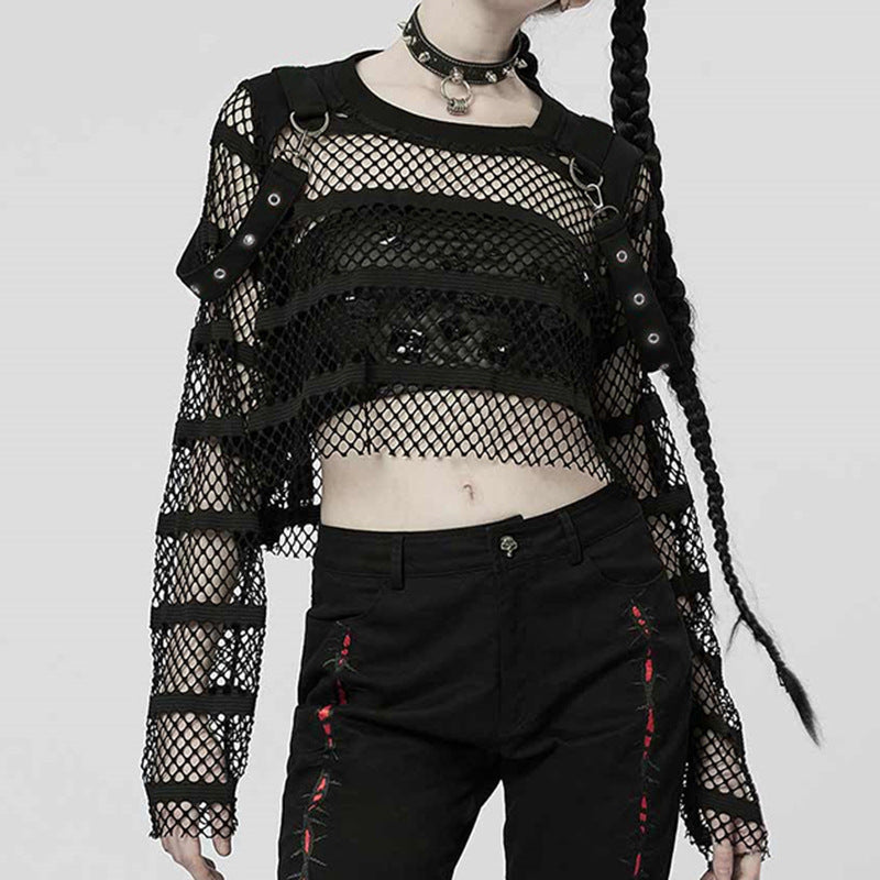 Striped Mesh Long-Sleeve Crop Top