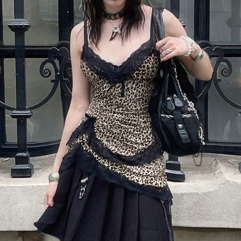 Leopard-Print Lace-Trim Asymmetric Top