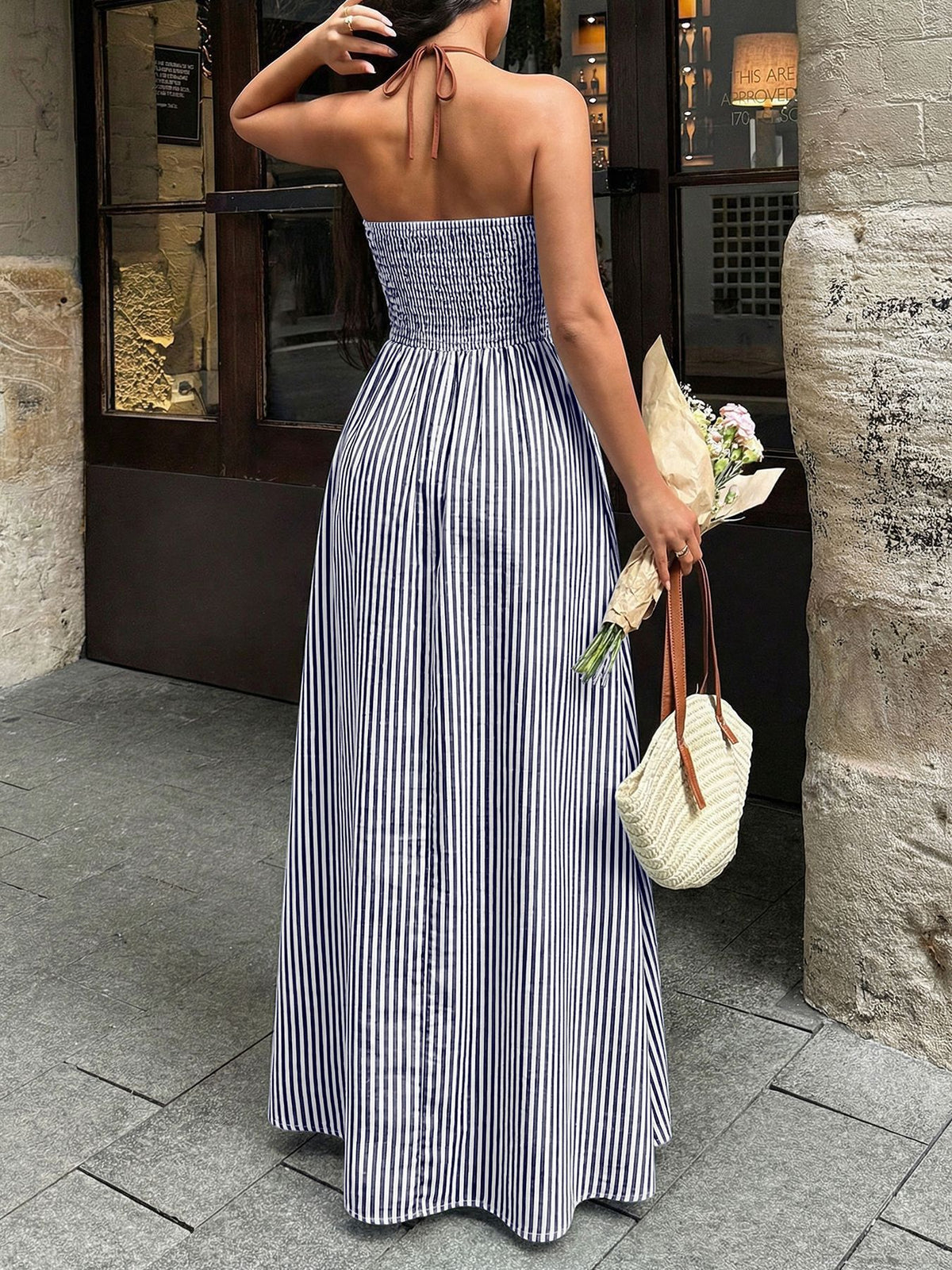 Striped Deep V-Neck Maxi Dress