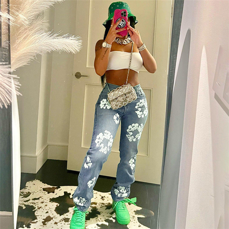 Floral-Print Straight-Leg Jeans